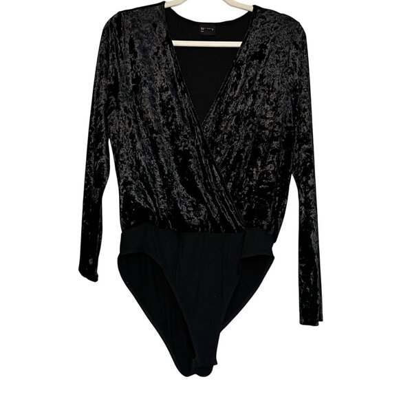 Free Press Black Crushed Velvet Long-Sleeve Wrap Bodysuit L  Boho Chic Quiet Lux - Picture 2 of 9